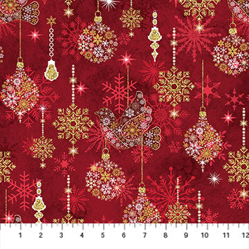 Northcott - Stonehenge Christmas Joy Red Ornaments - 1/2 YARD CUT