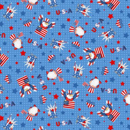 Henry Glass & Co - Gnome of the Brave - Blue Tossed Gnomes & Flags - 1/2 YARD CUT