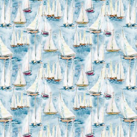 Wilmington Prints - Coastal Sanctuary - Blue Boats - 1/2 YARD CUT