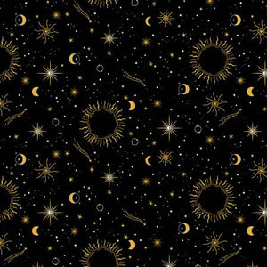 Windham Fabrics - Orbit - Black Moon & Stars w/Metallic - 1/2 YARD CUT