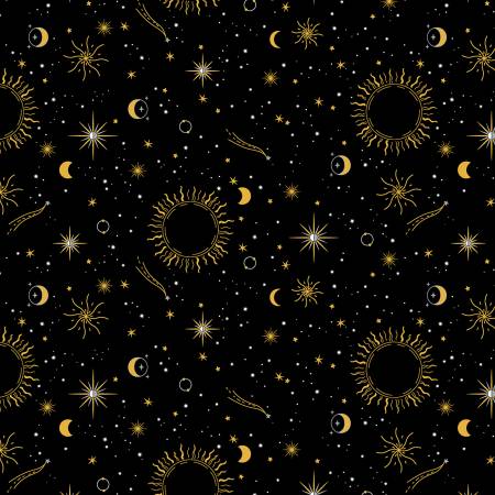 Windham Fabrics - Orbit - Black Moon & Stars w/Metallic - 1/2 YARD CUT