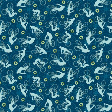 Studio E - Silent Sports - Teal Tossed Bicyclists - 1/2 YARD CUT