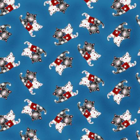 Henry Glass & Co - Big Hugs - Tossed Cats Teal - 1/2 YARD CUT