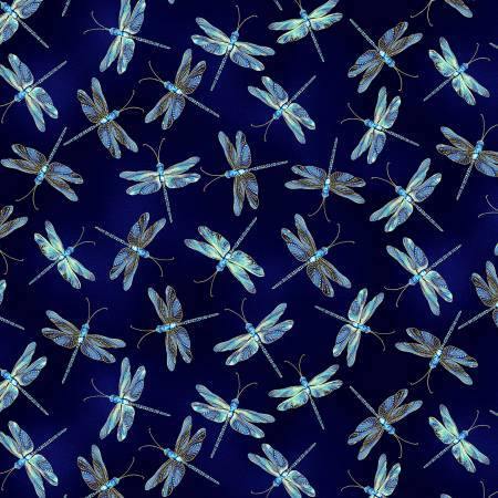 Kanvas - Moonlit Dragonflies - Indigo w/ Metallic - 1/2 YARD CUT - Dreaming of the Sea Fabrics