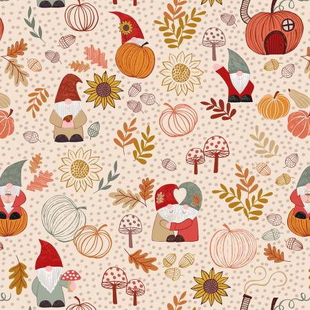 Lewis & Irene - Snuggle Season Autumn Gnomes Dark Cream - 1/2 YARD CUT