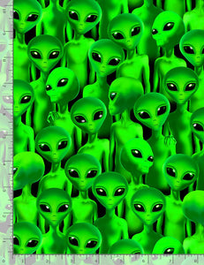 Timeless Treasures - Packed Green Aliens - 1/2 YARD CUT