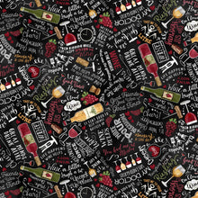 Load image into Gallery viewer, Timeless Treasures - Uncork &amp; Unwind - Black Wine Cellar Text - 1/2 YARD CUT
