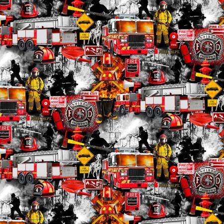 Timeless Treasures - Fire and Rescue - Black - 1/2 YARD CUT