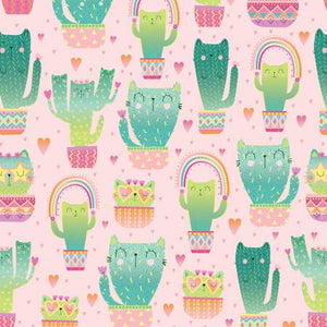 Timeless Treasures - Pink Quirky Cat Cacti - 1/2 YARD CUT