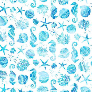 P&B Textiles - Coastal Living - Light Blue Seahorse & Shells - 1/2 YARD CUT