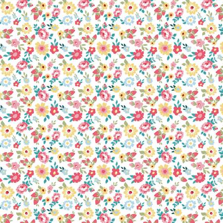 Poppie Cotton - Hopscotch & Freckles - White Floral - 1/2 YARD CUT