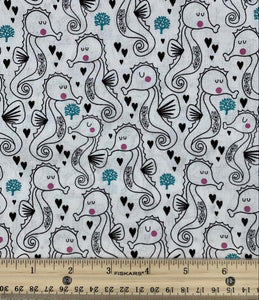 Craft Cotton Company - Sweet Little Seahorses - White - 1/2 YARD CUT - Dreaming of the Sea Fabrics