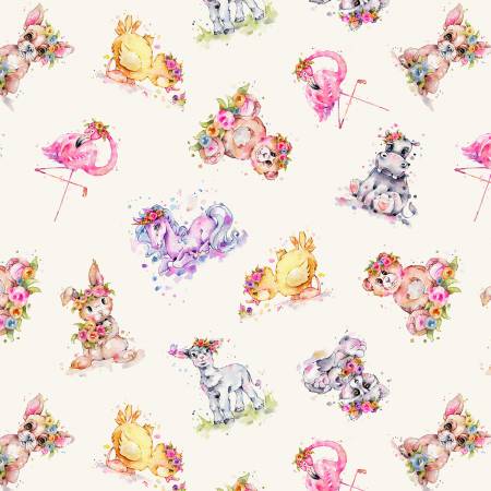 P&B Textiles - Little Darlings - Multi Tossed Animals - 1/2 YARD CUT