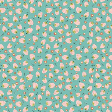 Poppie Cotton - Teal Strawberry Patch - 1/2 YARD CUT