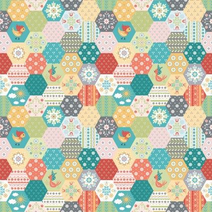 Poppie Cotton - Chick-A-Doodle-Doo - Hexie Play - 1/2 YARD CUT
