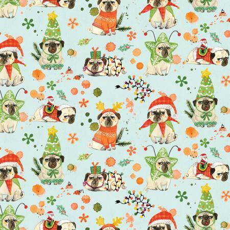 Dear Stella - Bah Hum-Pug - Multi Christmas - 1/2 YARD CUT - Dreaming of the Sea Fabrics