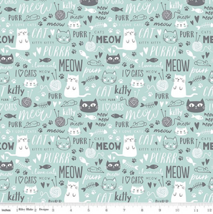 Riley Blake - Purrfect Day - Text Aqua - 1/2 YARD CUT