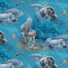 Load image into Gallery viewer, manatees sea turtles ocean life under the sea saltwater coral  aqua blue elizabeths studio fabric
