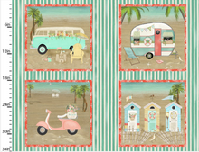 Load image into Gallery viewer, beach travel camper bus van life scooter vespa Volkswagen beach shacks stripes block patch panel sand waves ocean 3 wishes fabric
