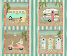 Load image into Gallery viewer, beach travel camper bus van life scooter vespa Volkswagen beach shacks stripes block patch panel sand waves ocean 3 wishes fabric
