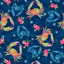 Load image into Gallery viewer, blooming ocean crustaceans crab floral fabric
