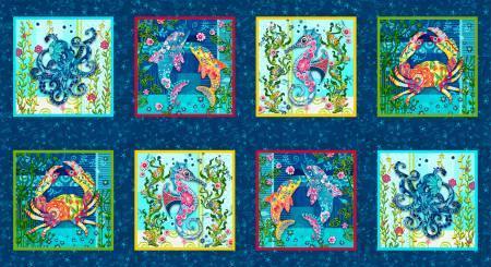 blooming ocean octopus floral crab seahorse dolphin panel quilt  fabric
