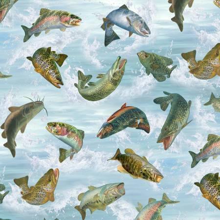 blue fish toss fishing outdoors salmon bass deep sea fishing fresh water Wilmington prints fabric