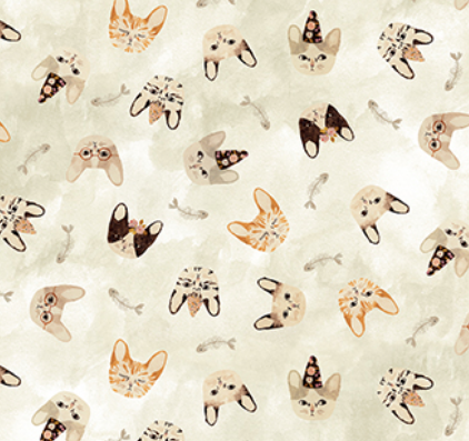 cat heads kittens fish bones tan cream taupe beige fabric marcel Figo