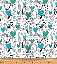 Load image into Gallery viewer, Contempo - Hearts &amp; Cats Teal - 1/2 YARD CUT
