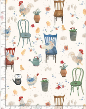 Load image into Gallery viewer, Timeless Treasures - Country Cottage - Country Chickens on Chairs - 1/2 YARD CUT
