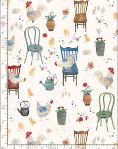 Timeless Treasures - Country Cottage - Country Chickens on Chairs - 1/2 YARD CUT