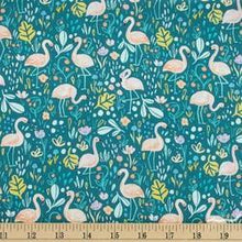 Load image into Gallery viewer, pink flamingo fling greenery floral leaves dark turquoise teal yellow summer lovin&#39; dear Stella fabric
