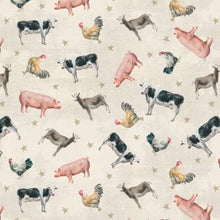 Load image into Gallery viewer, farm animals cream goats cows chickens pigs stars wilmington prints fabric country farm 
