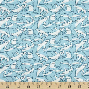 light blue and white under the sea sharks infested waters 57 meters down the shallows ocean bootylicious dear Stella fabric