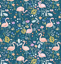 Load image into Gallery viewer, pink flamingo fling greenery floral leaves dark turquoise teal yellow summer lovin&#39; dear Stella fabric 

