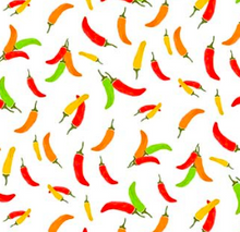 Load image into Gallery viewer, orange yellow red green peppers salsa hot white food Michael miller fabrics designs
