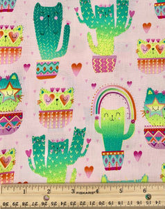 Timeless Treasures - Pink Quirky Cat Cacti - 1/2 YARD CUT