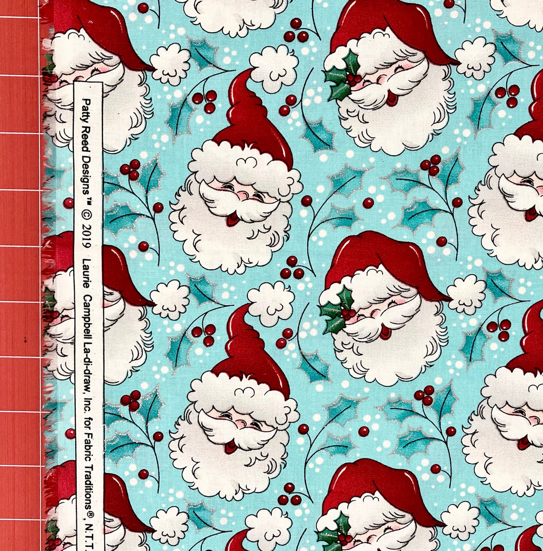 Fabric Traditions - Aqua Santa Heads - 1/2 YARD CUT