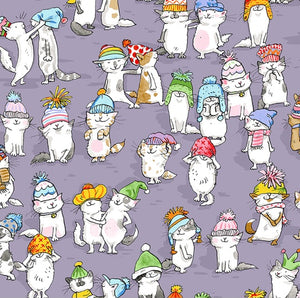 Clothworks - Purple Cats with Hats - 1/2 YARD CUT