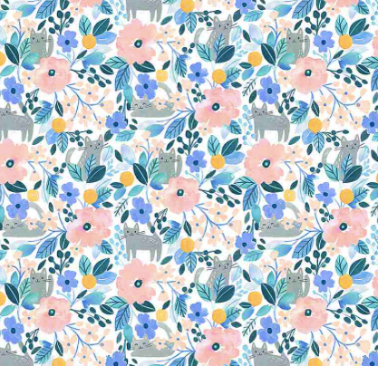 floral kitty cat pink blue periwinkle white summer lovin spring dear stella