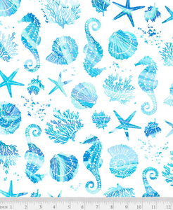 P&B Textiles - Coastal Living - Light Blue Seahorse & Shells - 1/2 YARD CUT