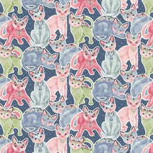 Load image into Gallery viewer, fancy cats multi colored kittens packed green blue pink navy pets studio e fabric
