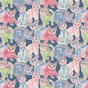 fancy cats multi colored kittens packed green blue pink navy pets studio e fabric