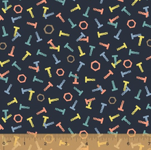 Load image into Gallery viewer, tool time nuts and bolts navy blue end of bolt windham fabrics
