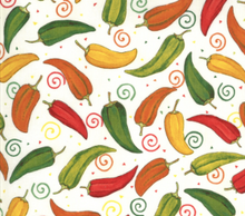 Load image into Gallery viewer, peppers swirls white salt green orange yellow red homegrown salsa moda fabrics chef kitchen

