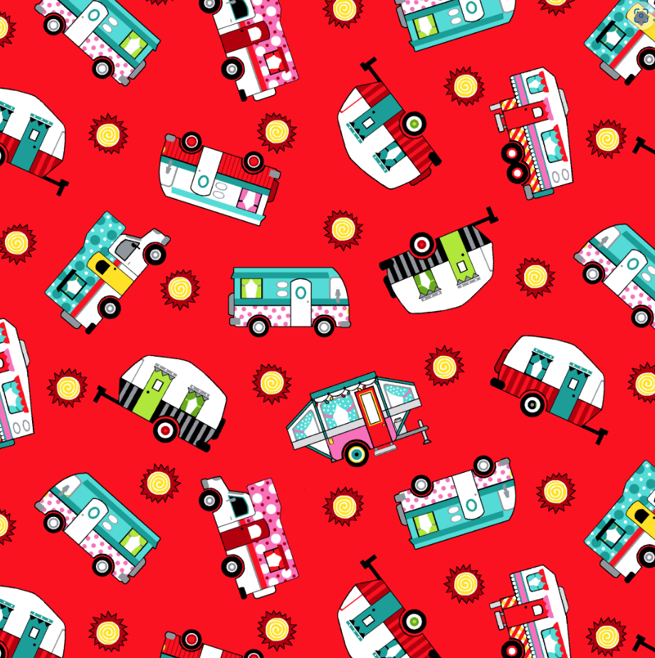 Studio E - Roaming Holiday - Campers on Red - 1/2 YARD CUT