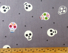 Load image into Gallery viewer, Lewis &amp; Irene - Small Things Glow - Sugar Skulls on Grey - 1/2 YARD CUT
