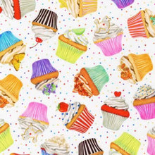 Load image into Gallery viewer, sweet tooth cupcakes sprinkles polka dots colorful rainbow dessert baking bakery kitchen Robert Kaufman white fabric
