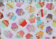 Load image into Gallery viewer, sweet tooth cupcakes sprinkles polka dots colorful rainbow dessert baking bakery kitchen Robert Kaufman white fabric  Edit alt text
