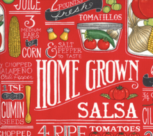 Load image into Gallery viewer, chef salt recipe cumin homegrown salsa peppers jalapeño tomato onion corn jars white salt recipes pepper moda fabrics tomato red
